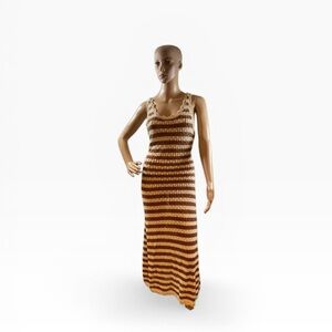 MANGO Women’s Beige Brown-open knit metallic striped maxi dress Size XS